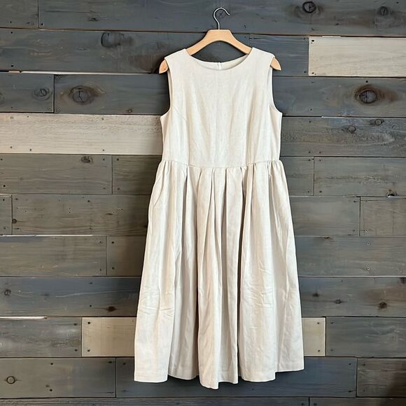None Dresses & Skirts - Flax Linen Rayon Blend Sleeveless Pleated Midi Dress L Natural